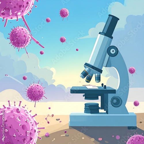 Microscope examining viruses against a pastel sky