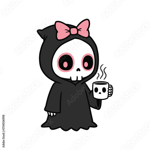 Cute Grim Reaper Girl with Coffee Kawaii Skull Halloween Illustration