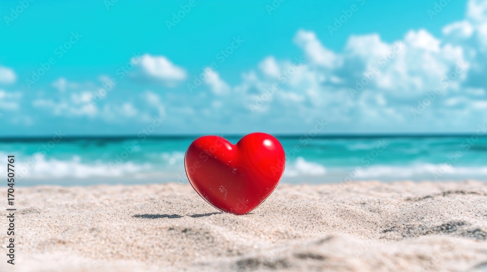 Fototapeta premium Red heart on beach valentines day romantic travel