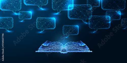 Digital learning concept with polygonal book and floating speech bubbles, low poly education vector