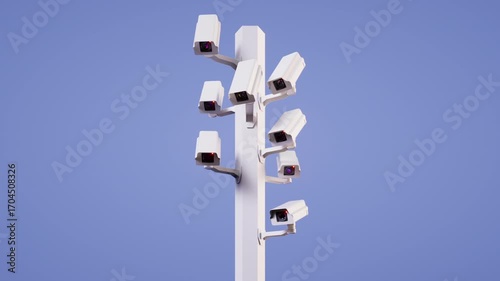 looped 3d animation. Multiple surveillance cameras mounted on a pole, randomly rotate and record video. Paranoid obsession with security