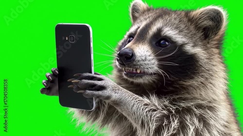A curious raccoon holds a smartphone against a green screen background, appearing to take a selfie with a meme-worthy expression.