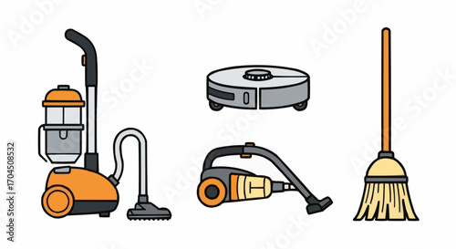 Different types of vacuum cleaners and broom for cleaning home including robot vacuum and stick vacuum cleaner vector