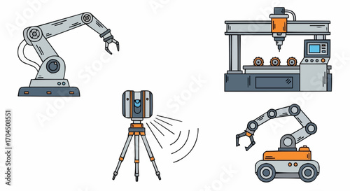 Explore industrial automation solutions showcasing robotic arms cnc machine and laser scanner technology used in factories vector