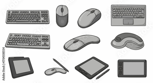 Computer accessories keyboards mouse drawing tablets and pens for graphic design and digital art creation vector