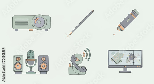 Explore conference call equipment projector microphone speakers and display for business presentations setup vector