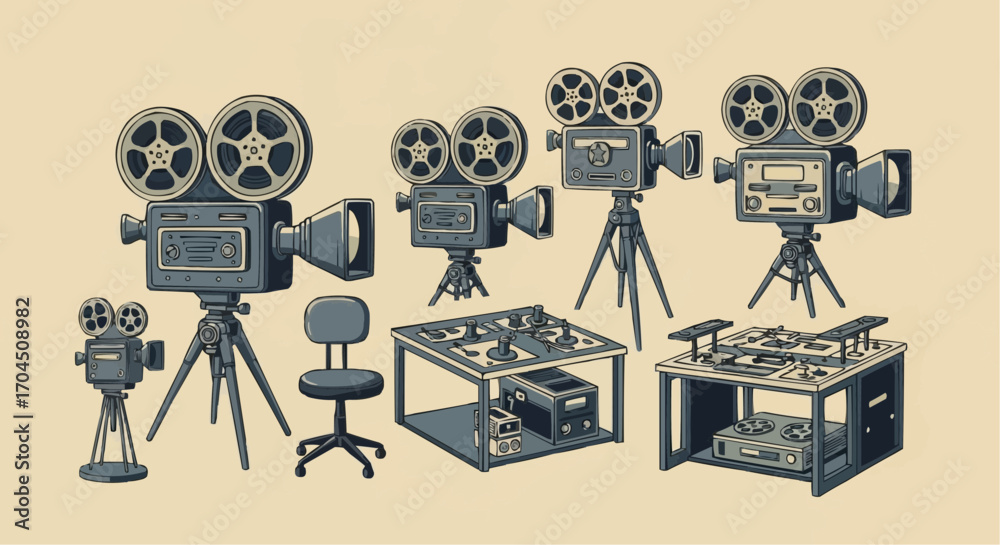 Obraz premium Explore vintage film cameras and video editing equipment for classic movie making and retro filmmaking design vector