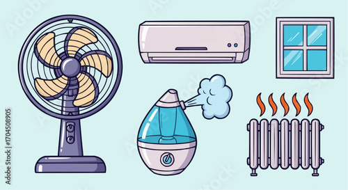 Illustration of home climate control devices including fan air conditioner humidifier heater and window design vector