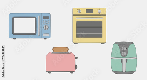 Illustration of kitchen appliances microwave oven toaster air fryer and conventional oven for cooking food vector