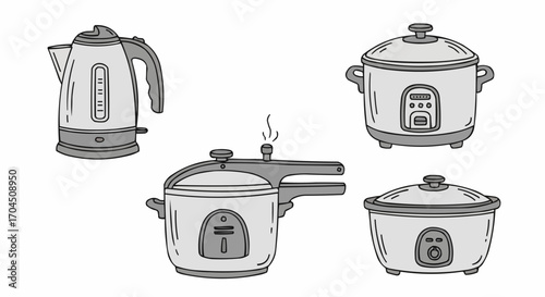Stock illustration of kitchen appliances electric kettle pressure cooker and slow cooker for home cooking vector