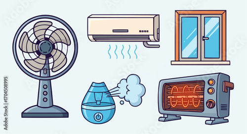 Illustration of home appliances for climate control including fan ac humidifier heater and window for ventilation vector