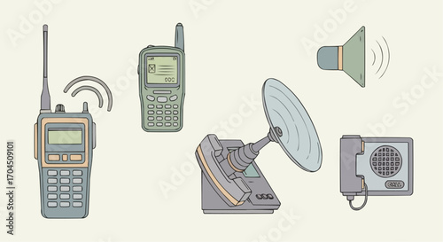 Explore communication devices: radio, telephone, speaker, satellite phone and vintage telephone set vector
