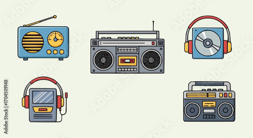 Vintage audio equipment vector illustration featuring radio boombox cassette player cd player and headphones vector