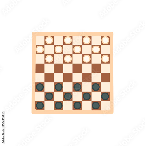 Flat checkers board game with checkerboard and strategy pieces sticker. Classic boardgame for fun and play, ideal for childhood activity or entertainment. Wooden pawn design, sticker format.