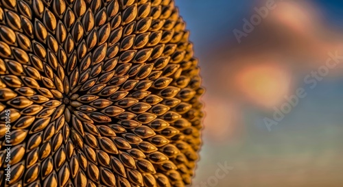 Close-up of sunflower seeds, golden textures and natural background with sky details