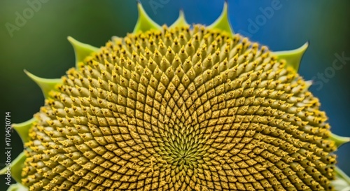 Close-up Sunflower Seed Head Macro Spiral Pattern Yellow Green Texture