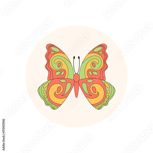 Colorful groovy butterfly circle sticker with funky retro patch style. Package lid features a y2k seal look, trendy for bold product packaging and creative patch accent.