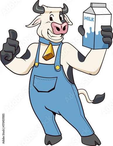 Happy Cow Farmer Holding Milk Cartoon Vector