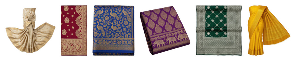Indian sari set including cream, maroon, blue, purple, green, and yellow colors with traditional patterns isolated. Ethnic fashion and textile collection.