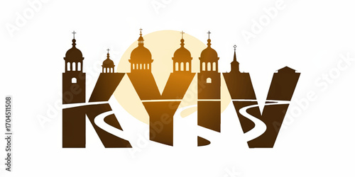 Kyiv Skyline Silhouette with Famous Landmarks and Rising Sun, Modern Vector Illustration for Travel, Tourism, and Ukraine Culture Themes