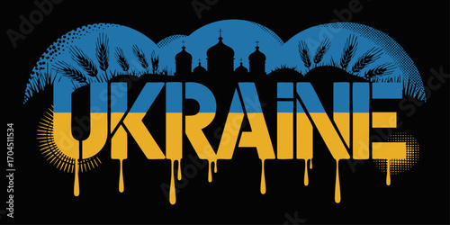 Ukraine Typography Art with Blue and Yellow Flag Colors, Church Silhouette, Wheat, and Dripping Paint Effect on Black Background