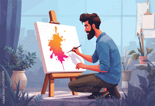 A bearded male artist passionately painting an abstract masterpiece on a canvas.