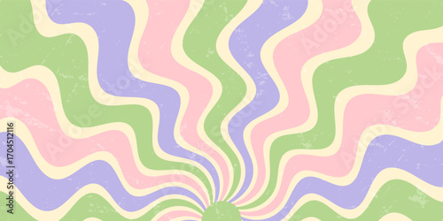 Groovy pastel burst in retro style shines as an abstract sun and sunshine swirl. Wavy y2k background adds subtle grunge touch with a soft color finish. Horizontal orientation.