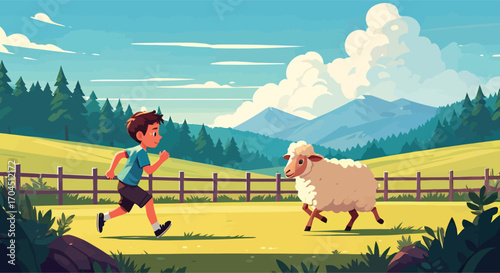 A young boy and a fluffy sheep running together in a field.