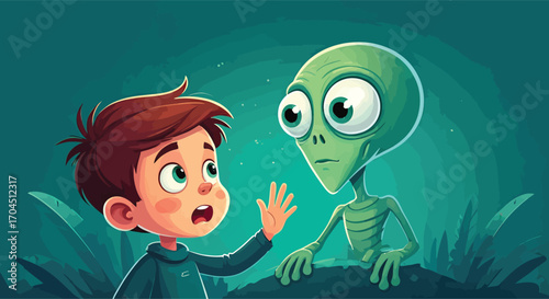 A surprised cartoon boy meets a curious green alien.