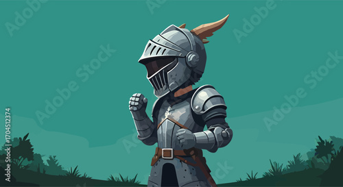 Brave little knight in full plate armor ready for battle.