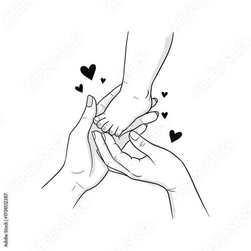 Tender Loving Care Black and White Line Art of Babys Foot in Mothers Hands