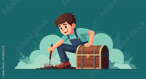 Cartoon boy with a shovel digging for a hidden treasure chest.