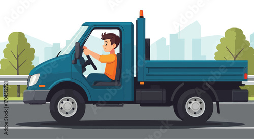 Cartoon illustration of a young man driving a blue flatbed truck.