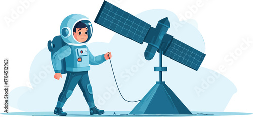 Cute cartoon astronaut in a spacesuit with a satellite.