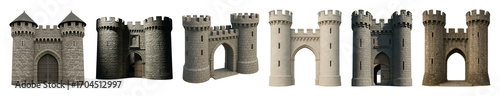 Medieval castle gatehouse set including fortified towers, grand archways, and stone entrances isolated. Historical and fantasy architectural elements.