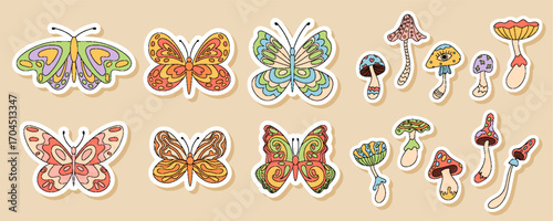 Groovy psychedelic cartoon butterfly and mushroom sticker set with cute trippy y2k and retro colorful style. Groovy element set for fun patch or playful vintage decor ideas.