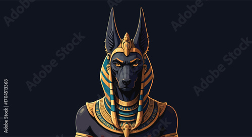 Digital illustration of the ancient Egyptian god Anubis with glowing eyes.