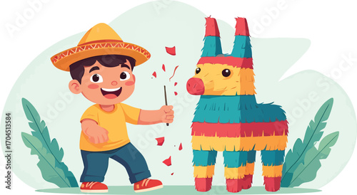 Happy boy in a sombrero celebrating with a colorful piata.