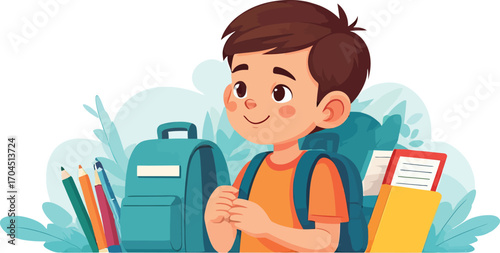 Happy young student boy with a backpack ready for school.