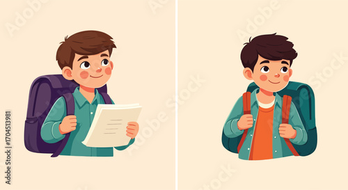 Set of two illustrations of a smiling schoolboy with a backpack.