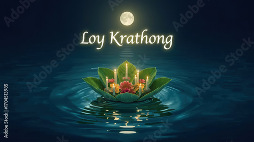 Serene Loy Krathong Festival: Illuminated Floating Lantern, Candles, Flowers, Full Moon, Dark Water, Peaceful Night Scene.
