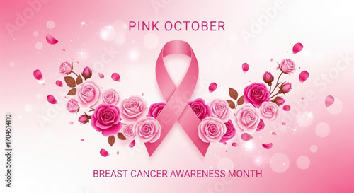 Pink october breast cancer awareness month ribbon with roses and petals
