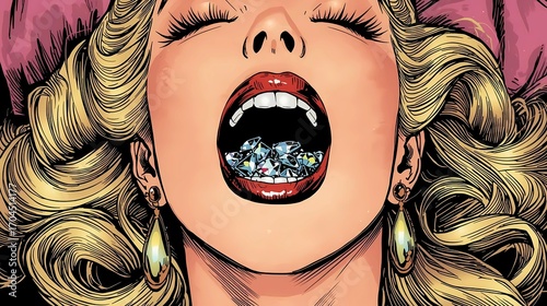 口内にダイヤモンドを含んだ白人金髪女性のPOPアートイラスト