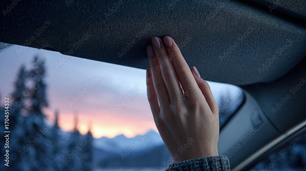 Obraz premium Woman's Hand Touching Icy Car Window At Sunrise