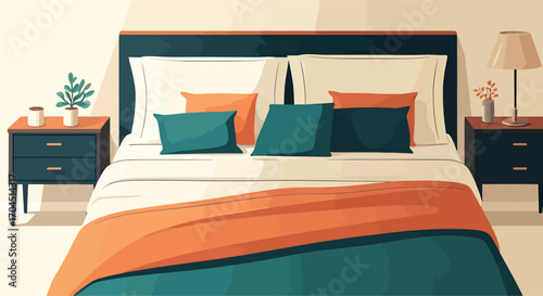 Vector Illustration of a Cozy Bed with Teal and Orange Bedding.
