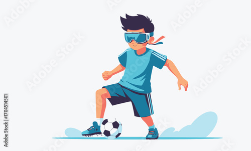 Young boy wearing virtual reality goggles playing soccer.