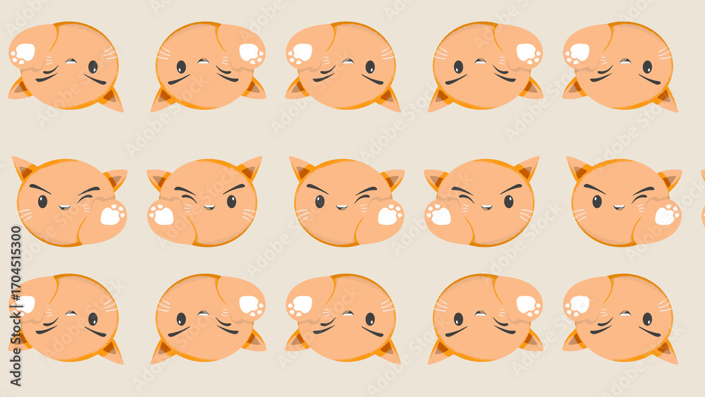 Fototapeta premium A delightful pattern of cute cartoon orange cats showcasing various cheerful expressions, arranged in a repeating layout that conveys joy and friendliness.