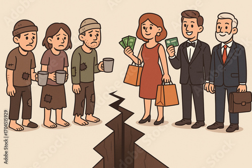 Cartoon social inequality vector illustration with rich and poor people divided by gap