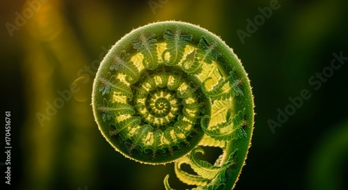 Macro view of a delicate fern frond unfurling with spiraling details and captivating light