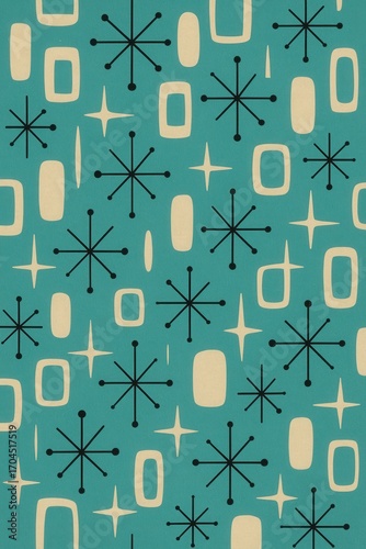 Retro atomic starburst wallpaper pattern with turquoise and cream geometric elements for vintage mid-century modern design themes